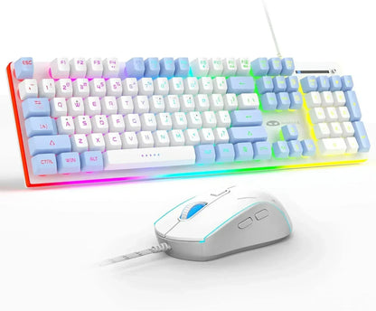 GT838 Gaming Keyboard and Mouse Combo, 104 Keys RGB Backlit Quiet Wired Keyboards for Laptop PC MAC, with Number Pad, Metal Panel, Anti-Ghosting, Pink