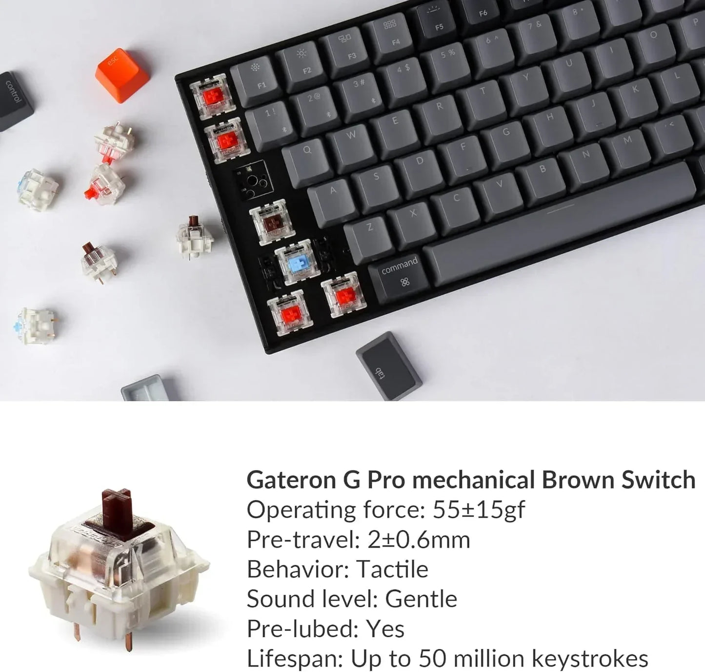 Mechanical keyboard with Gateron G Pro Brown Switches, keycaps removed, gaming gear closeup