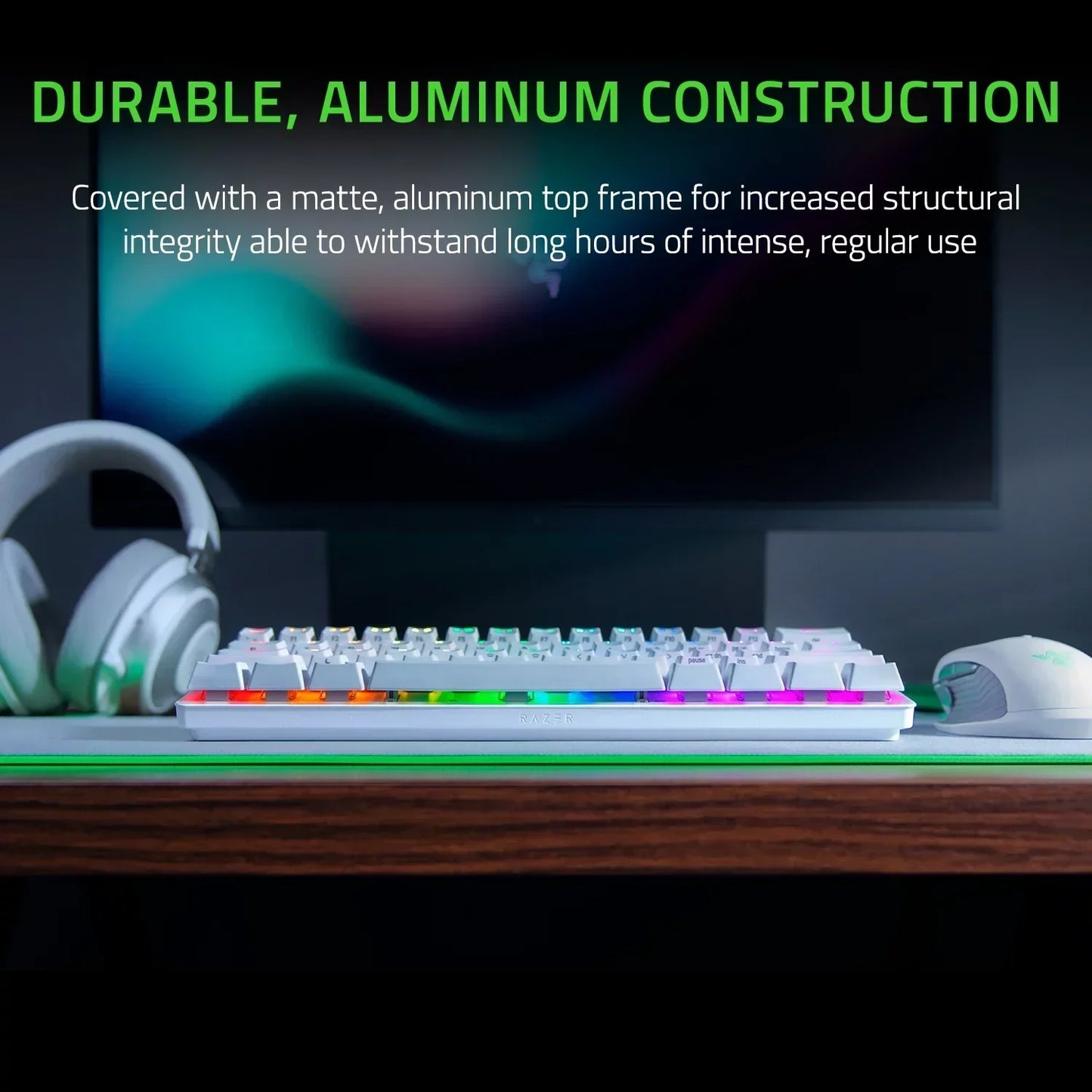White RGB gaming keyboard, mouse, and headset on desk, modern gaming setup, Byte Style gear