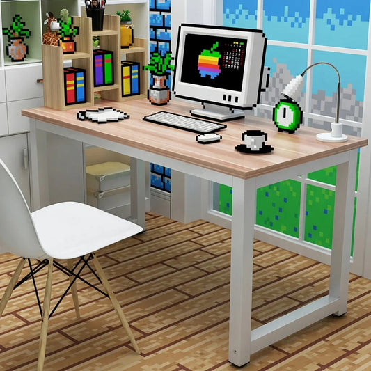 Retro 8-bit pixel art workspace with gaming desk, computer, and decor in bright room