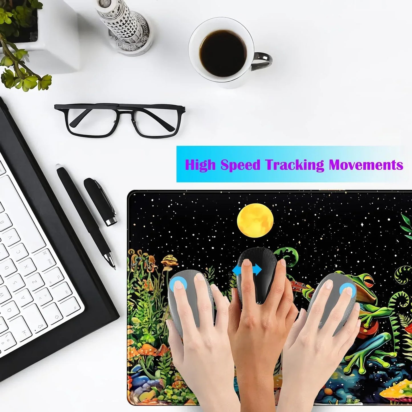 Hands demonstrating high speed tracking on a colorful retro gaming mouse pad with nature and space design