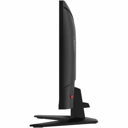 Side view of a sleek black gaming monitor with a sturdy stand and red accent button