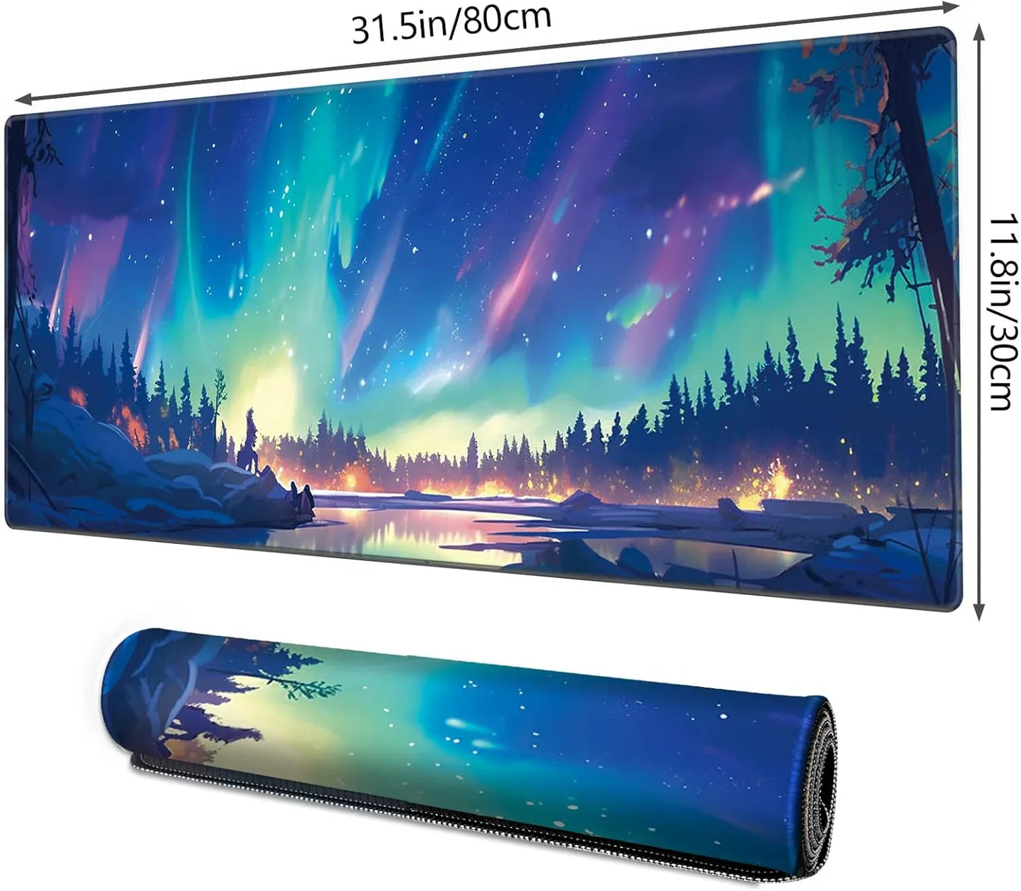 Large gaming mouse pad with northern lights and forest reflection design, 31.5x11.8 inches