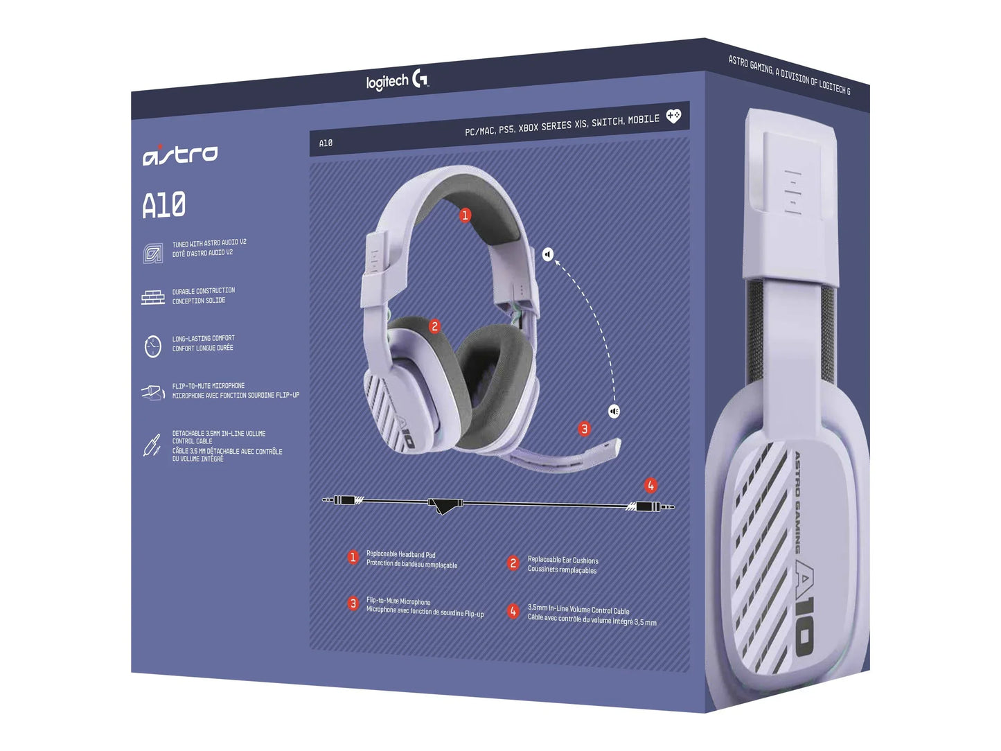 Astro A10 white gaming headset packaging with replaceable ear cushions, flip-to-mute mic, 3.5mm volume control cable