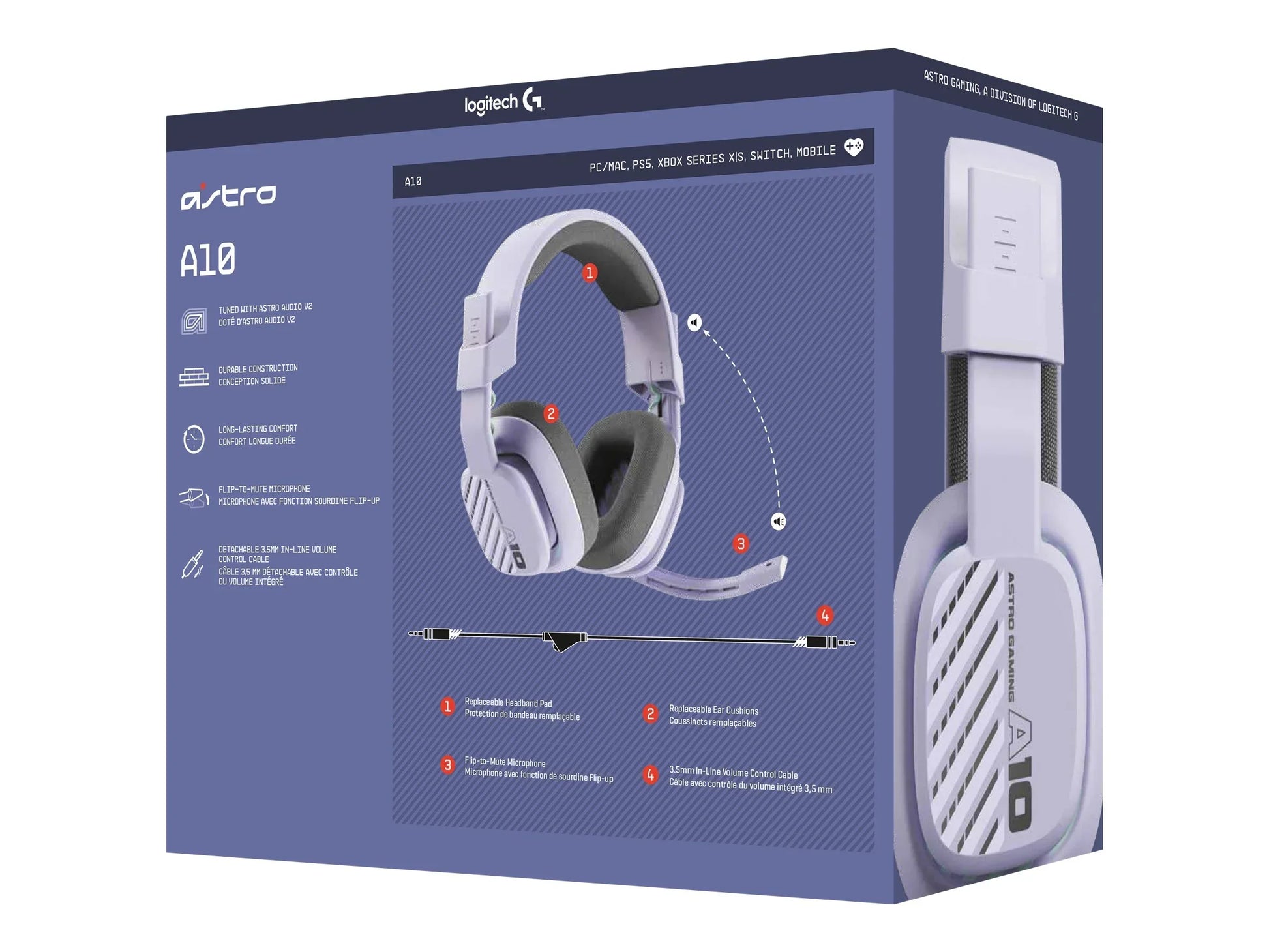Astro A10 white gaming headset packaging with replaceable ear cushions, flip-to-mute mic, 3.5mm volume control cable