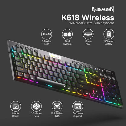 K618 PRO 3-Mode Wireless RGB Mechanical Keyboard, Bt/2.4Ghz/Wired Low Profile Win/Mac Gaming Keyboard W/Ultra-Thin Design, Dedicated Media Control & Linear Red Switch