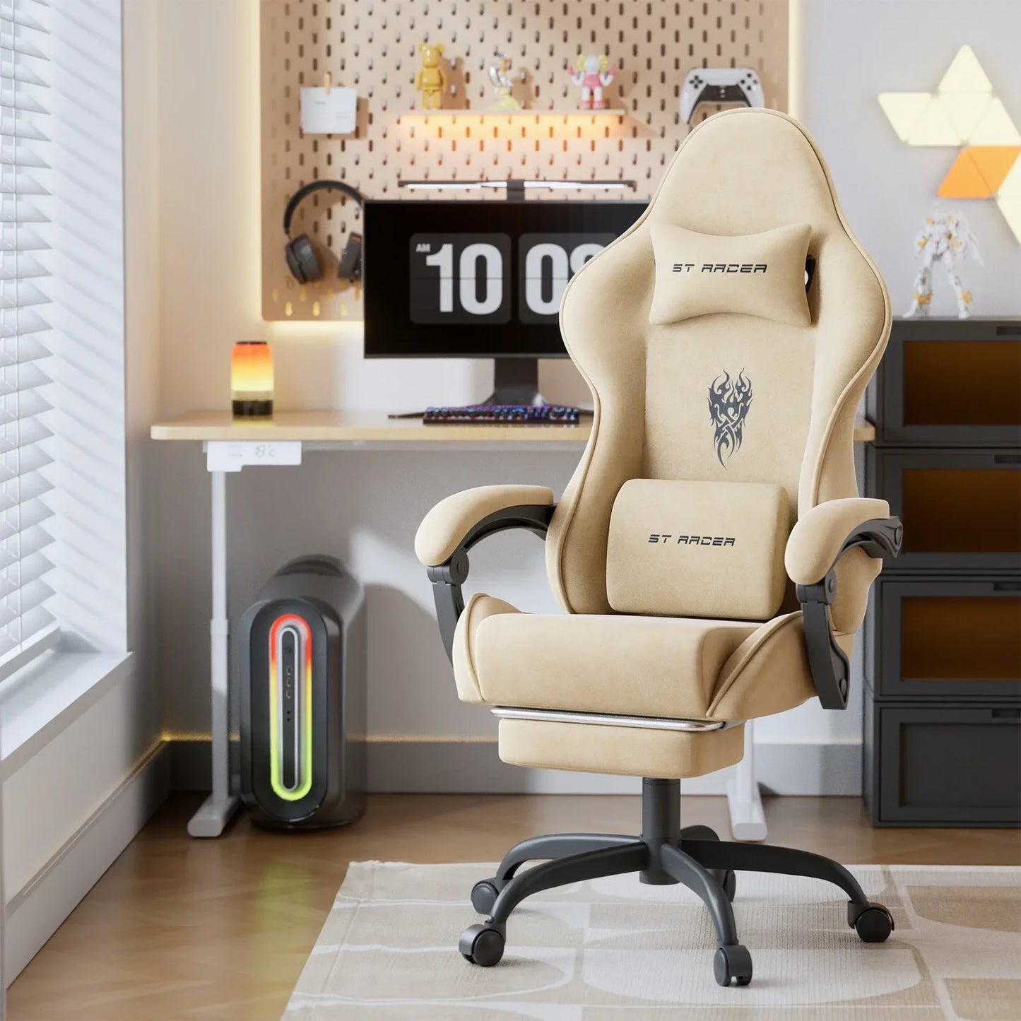 Beige ST Racer gaming chair with lumbar pillow in modern desk setup, perfect for gamers and streamers.