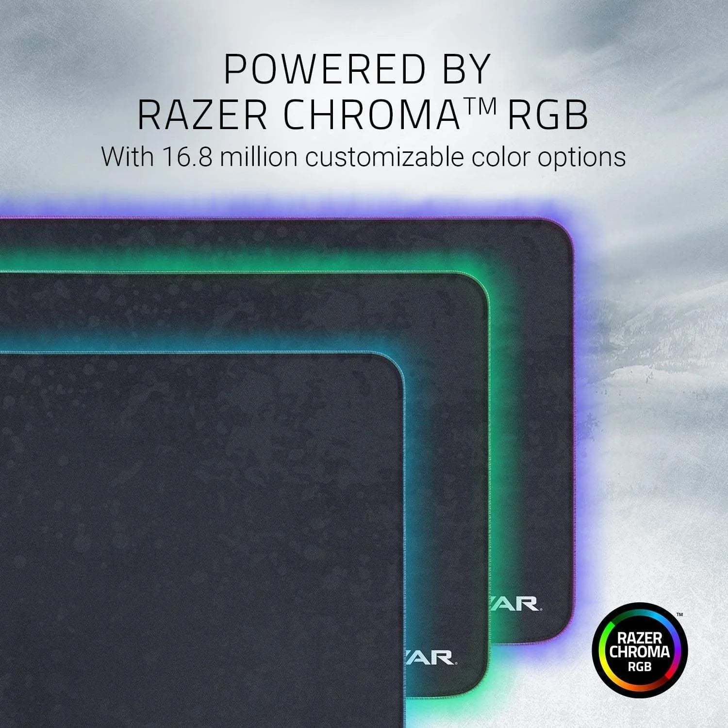 Razer RGB gaming mouse pads with customizable Razer Chroma lighting in blue, green, and purple hues