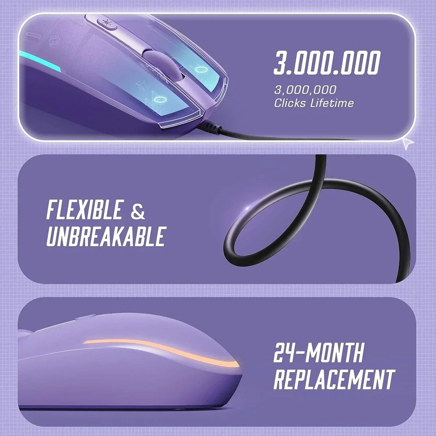 Purple gaming mouse with glowing accents, durable flexible cable, 3 million clicks, 24-month replacement