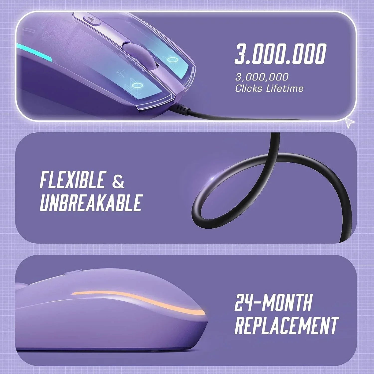 Purple gaming mouse with glowing accents, durable flexible cable, 3 million clicks, 24-month replacement
