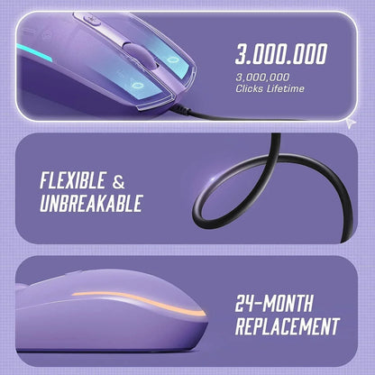 Purple gaming mouse with glowing accents, durable flexible cable, 3 million clicks, 24-month replacement