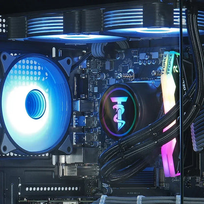 RGB gaming PC interior with cooling fans, LED-lit RAM and water cooling system