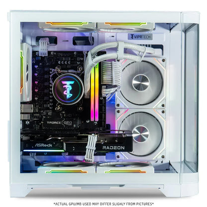 White RGB gaming PC with Radeon graphics, ASRock motherboard, and LED cooling fans.