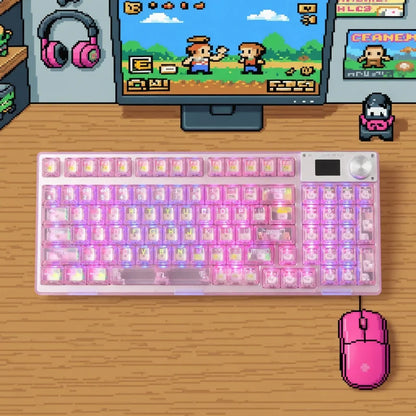 AULA F98Pro Transparent Wireless Mechanical Gaming Keyboard | Tri-Mode | Hot-Swappable | OLED Display | RGB Backlit | 4000mAh Battery | Pink