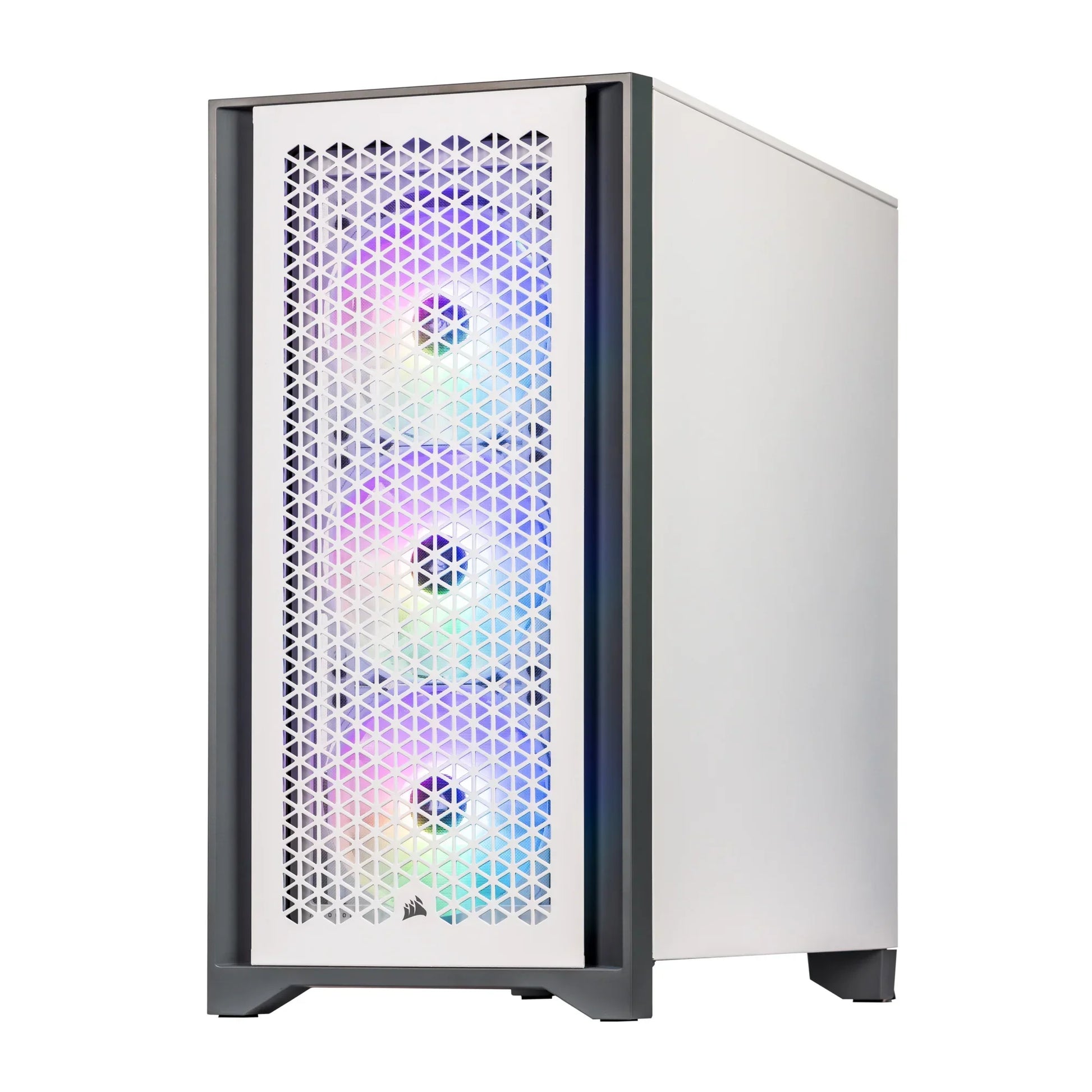 White gaming PC tower with front mesh panel and three RGB-lit cooling fans for high performance
