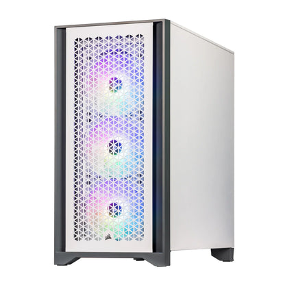 White gaming PC tower with front mesh panel and three RGB-lit cooling fans for high performance