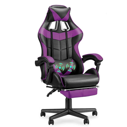 Purple and black gaming chair with massage lumbar support and footrest, ideal for long gaming sessions
