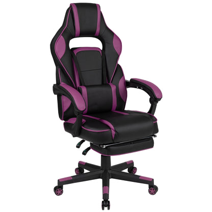 Black and purple gaming chair with high back, adjustable armrests, and footrest for ergonomic comfort