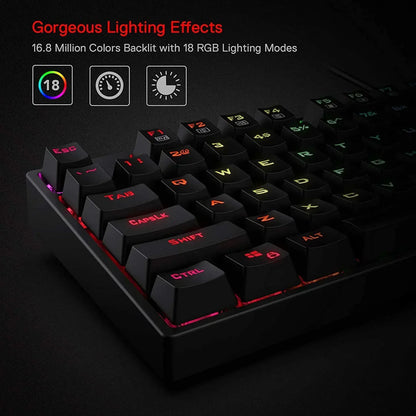RGB mechanical gaming keyboard with 18 lighting modes, colorful backlit keys, Byte Style gear