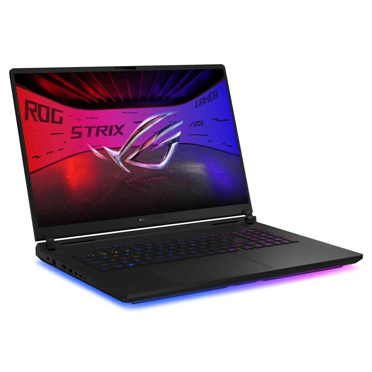 Gaming laptop with RGB backlit keyboard and screen displaying ROG Strix gamer graphics