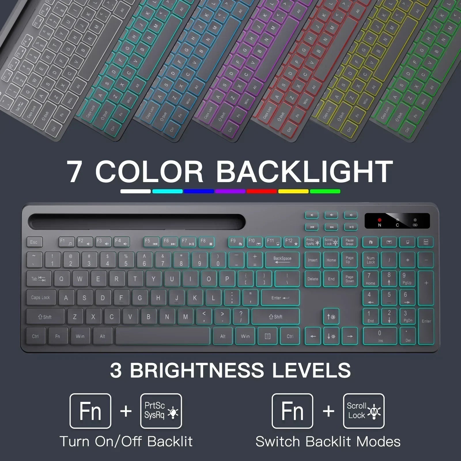 Wireless Keyboard with 7-Color RGB Backlit,  Full-Size Computer Keyboard with Phone Tablet Holder, Rechargeable 2.4G Wireless Gaming Keyboard with Light up Keys, Compatible with Mac,Window,Gray