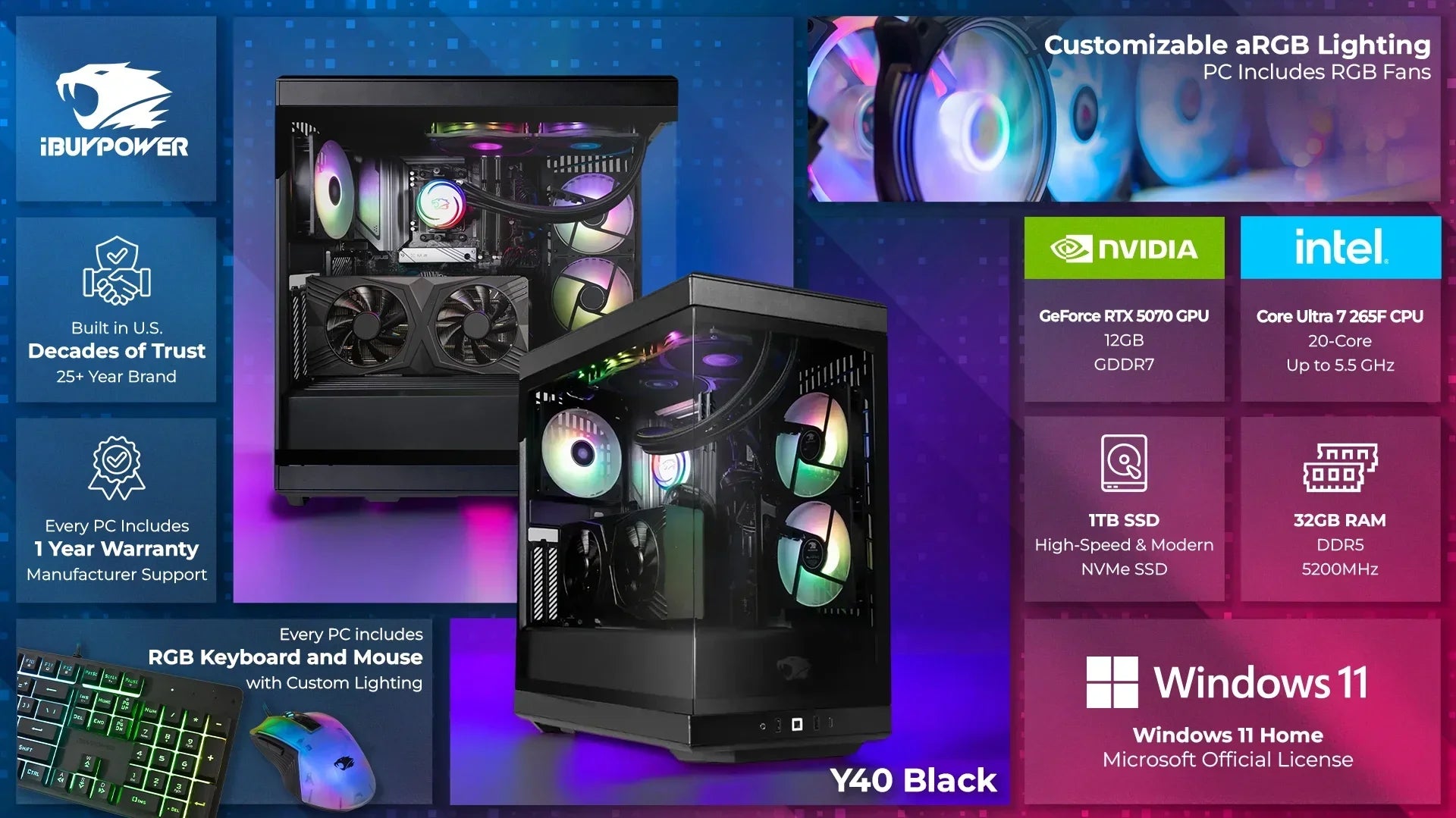 iBUYPOWER Y40 Black gaming PC with customizable aRGB lighting, GeForce RTX 5070 GPU, Core Ultra 7 CPU, 1TB SSD, 32GB RAM, Windows 11