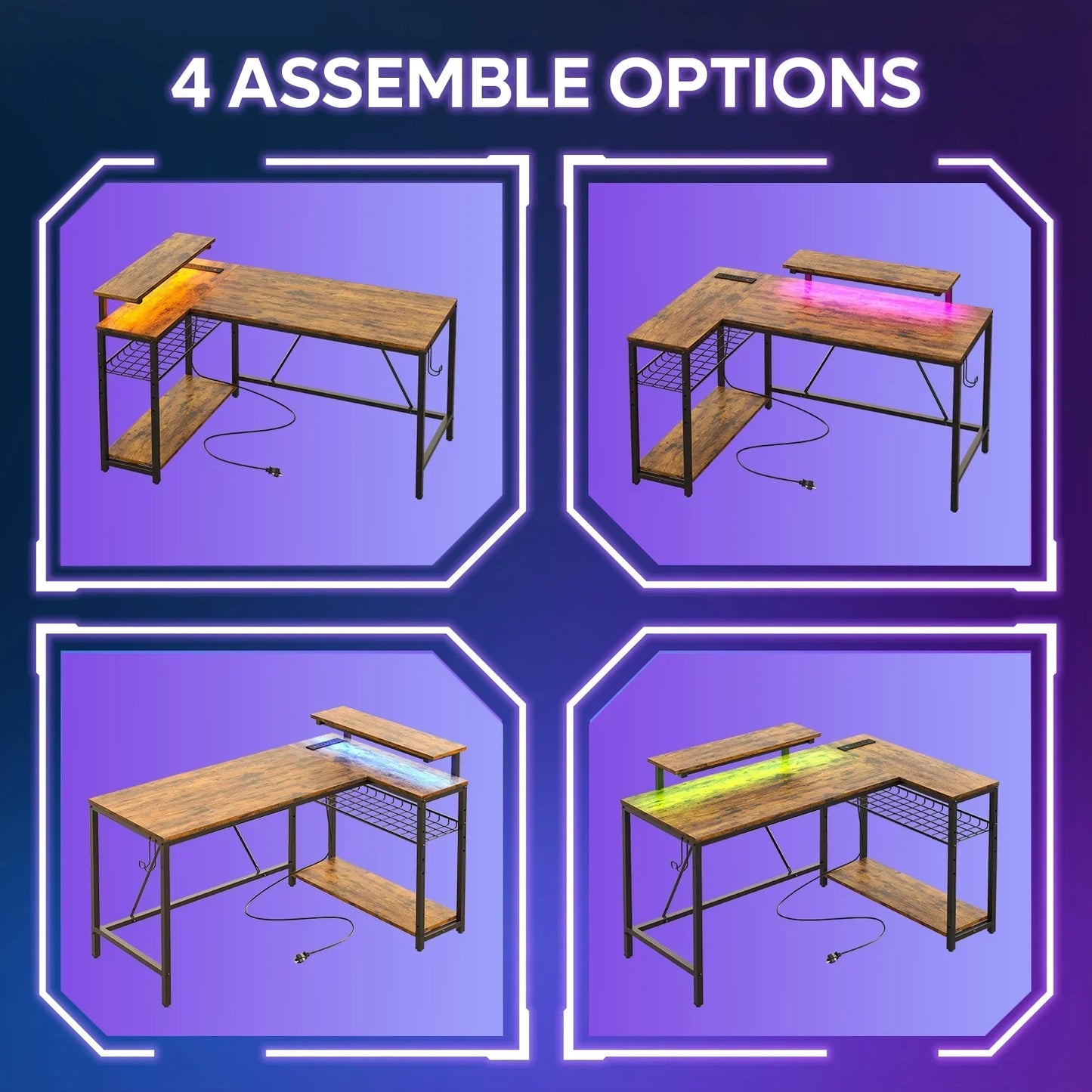 Four assembly options of a wooden L-shaped desk with metal frame and RGB LED lighting