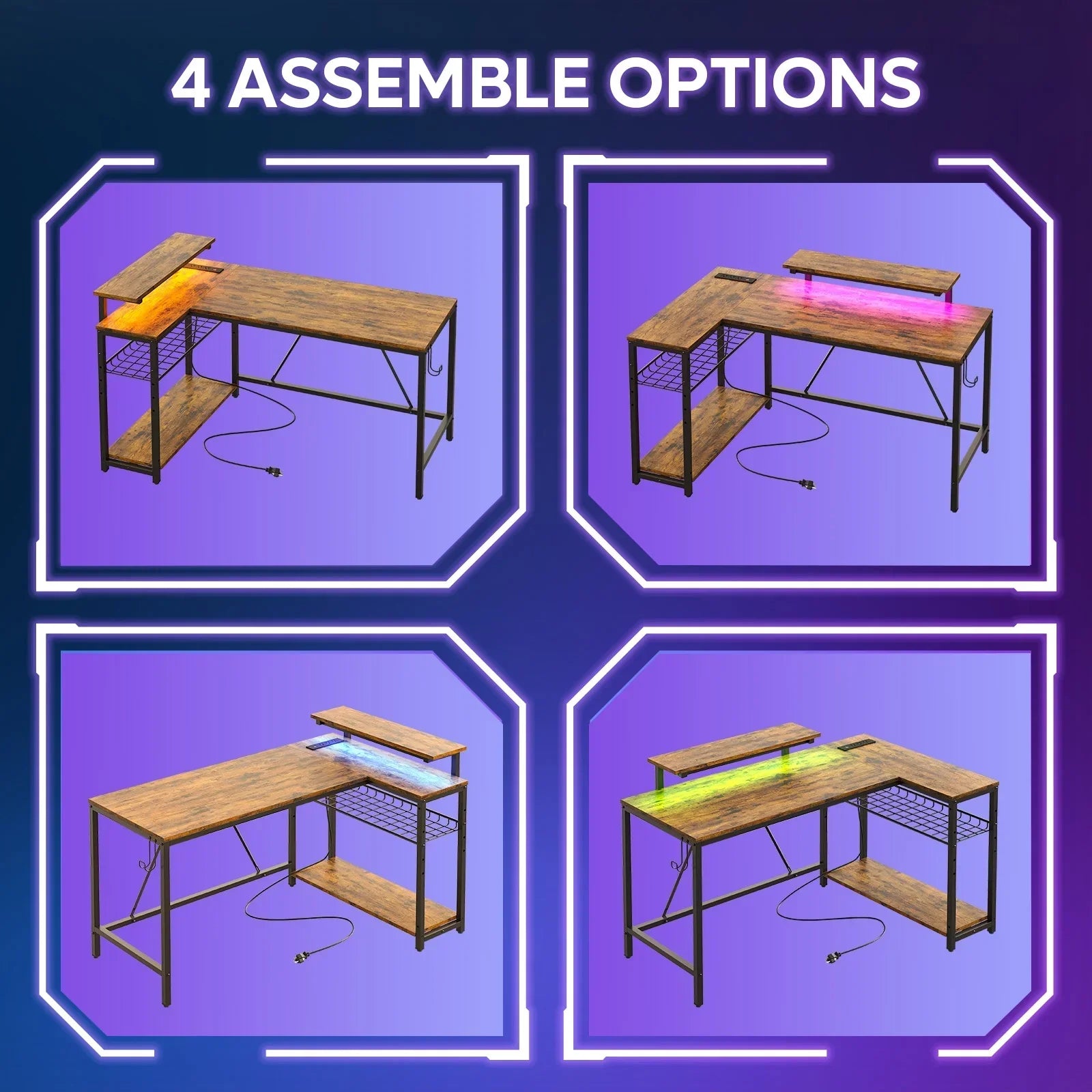 Four assembly options of a wooden L-shaped desk with metal frame and RGB LED lighting