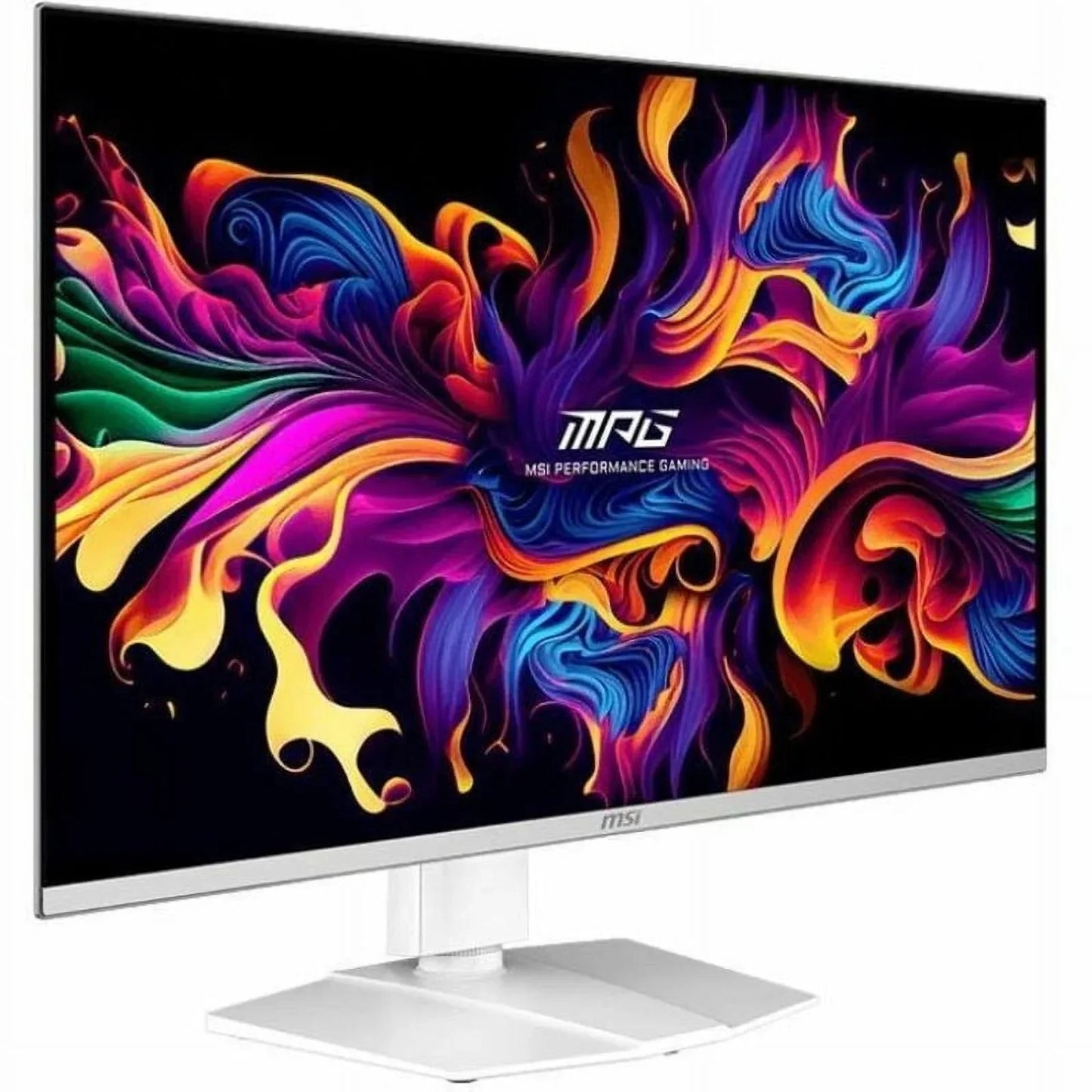 White MSI MPG curved gaming monitor displaying vibrant colorful abstract artwork on screen