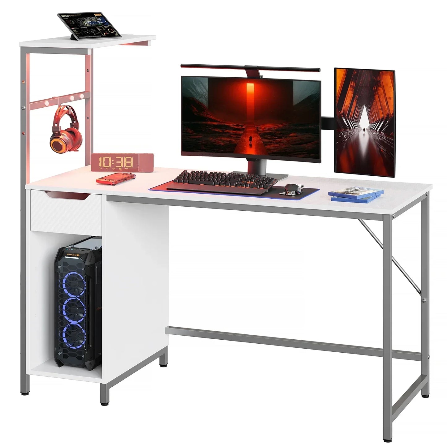 White gaming desk with dual monitors, RGB PC, keyboard, headset, digital clock, and LED light bar