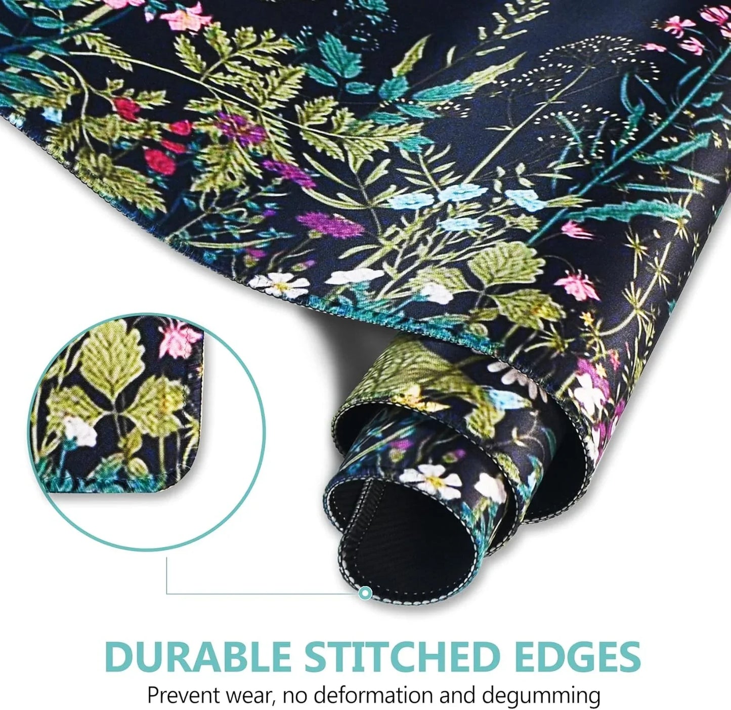 Close-up of a rolled gaming mouse pad with a colorful floral design and durable stitched edges for wear prevention