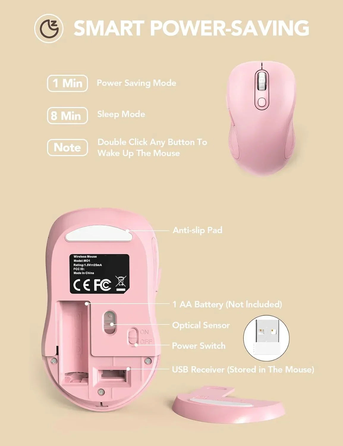 Pink wireless gaming mouse with power-saving mode, optical sensor, and USB receiver shown.