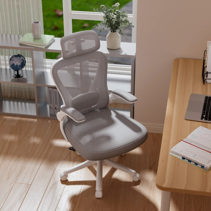 Gray mesh ergonomic office chair with headrest and lumbar support, ideal for gaming or work setups