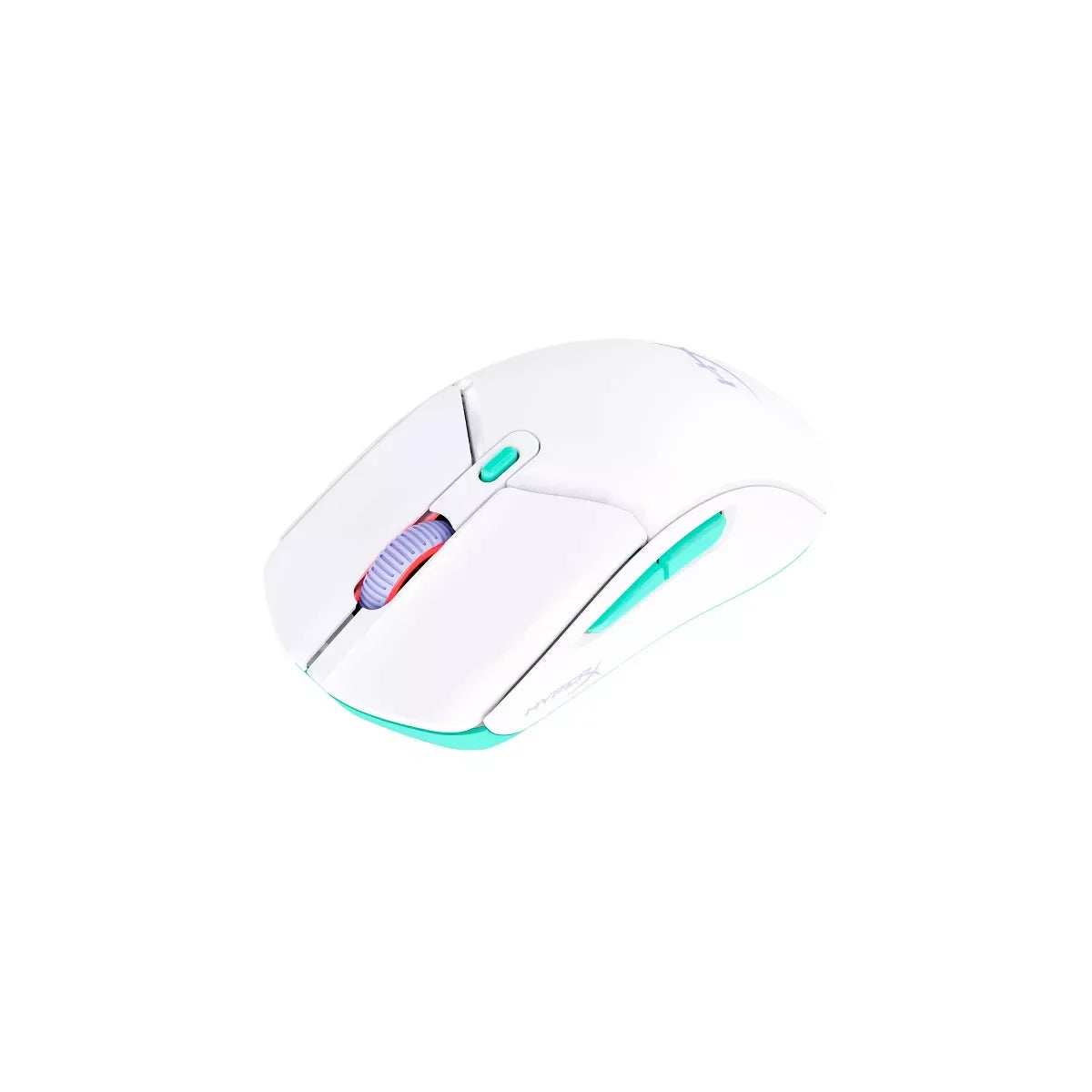 White gaming mouse with turquoise side buttons and purple scroll wheel on white background