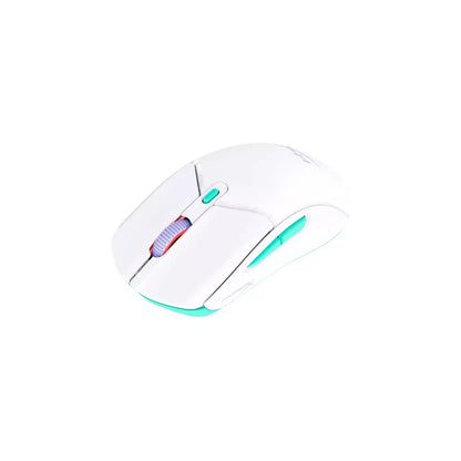 White gaming mouse with turquoise side buttons and purple scroll wheel on white background