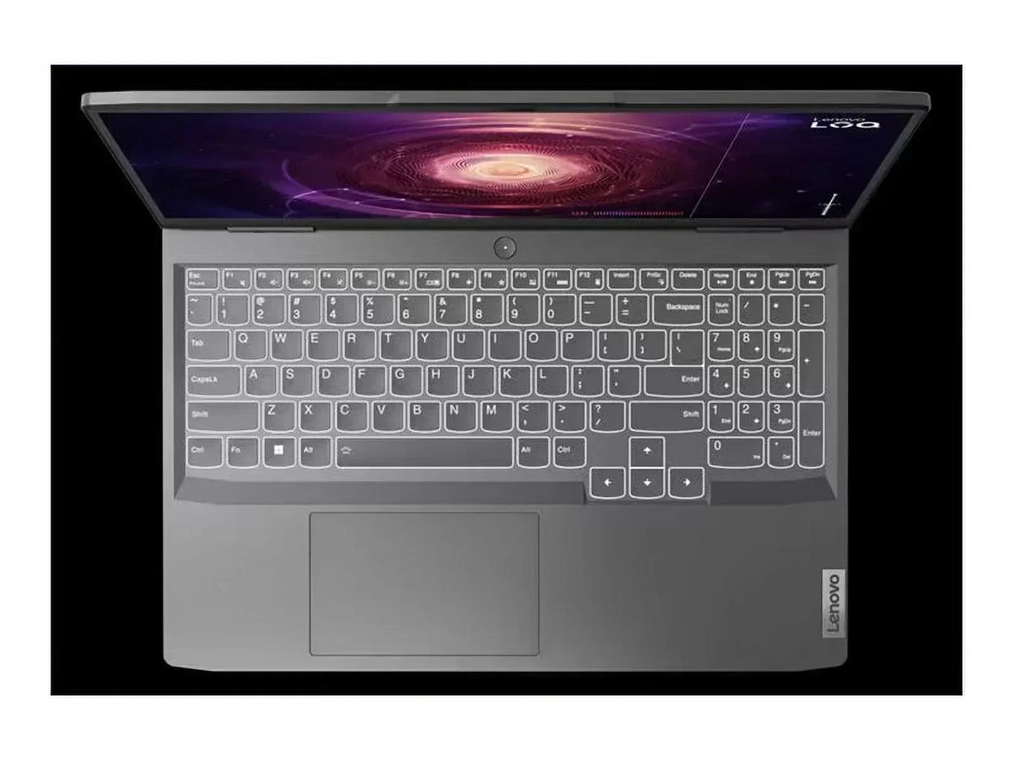 Top view of Lenovo gaming laptop with backlit keyboard and screen displaying galaxy image