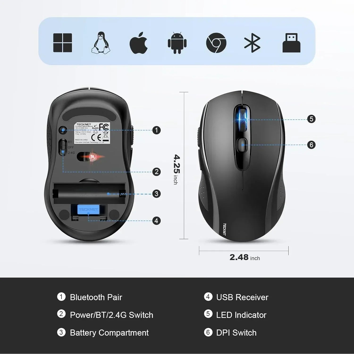 Wireless Bluetooth mouse with ergonomic design, DPI switch, USB receiver, and multi-OS compatibility.