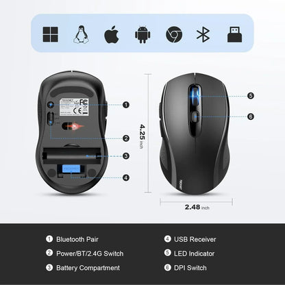 Wireless Bluetooth mouse with ergonomic design, DPI switch, USB receiver, and multi-OS compatibility.