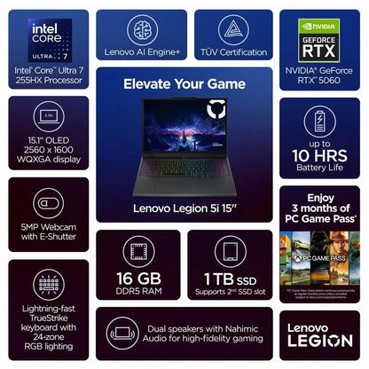 Lenovo Legion 5i 15-inch gaming laptop features Intel Core Ultra 7, RTX 4060, OLED display, 16GB RAM, 1TB SSD, RGB keyboard, PC Game Pass.
