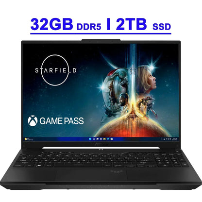 Gaming laptop with 32GB DDR5 RAM, 2TB SSD, Starfield and Xbox Game Pass display on screen