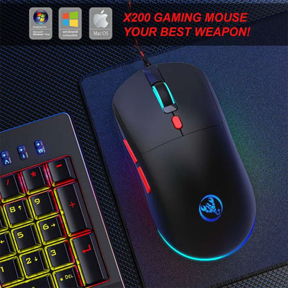 X200 gaming mouse with RGB lighting and red side buttons on mousepad beside RGB mechanical keyboard