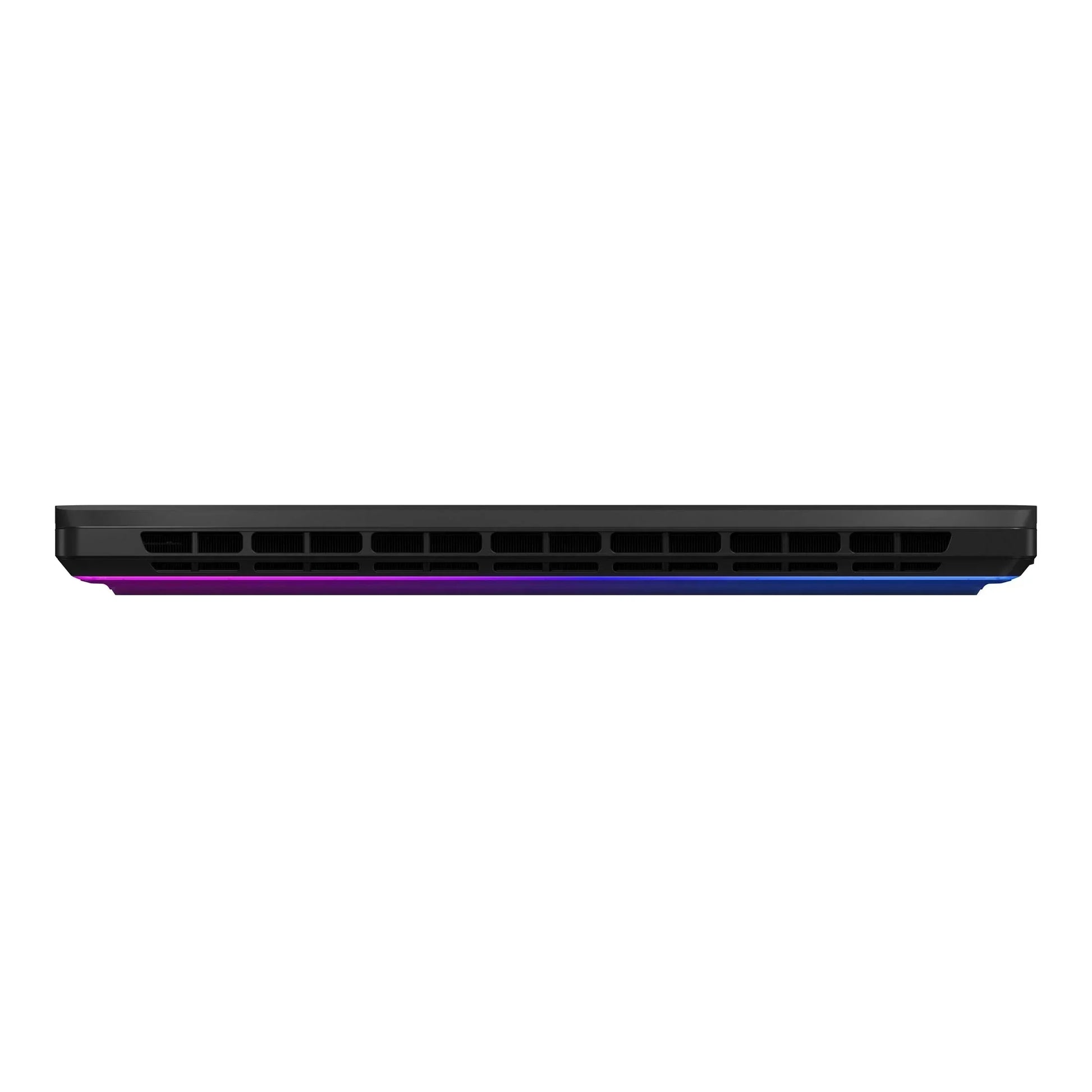 Slim gaming laptop side view with RGB lighting and ventilation grilles