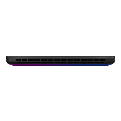 Slim gaming laptop side view with RGB lighting and ventilation grilles