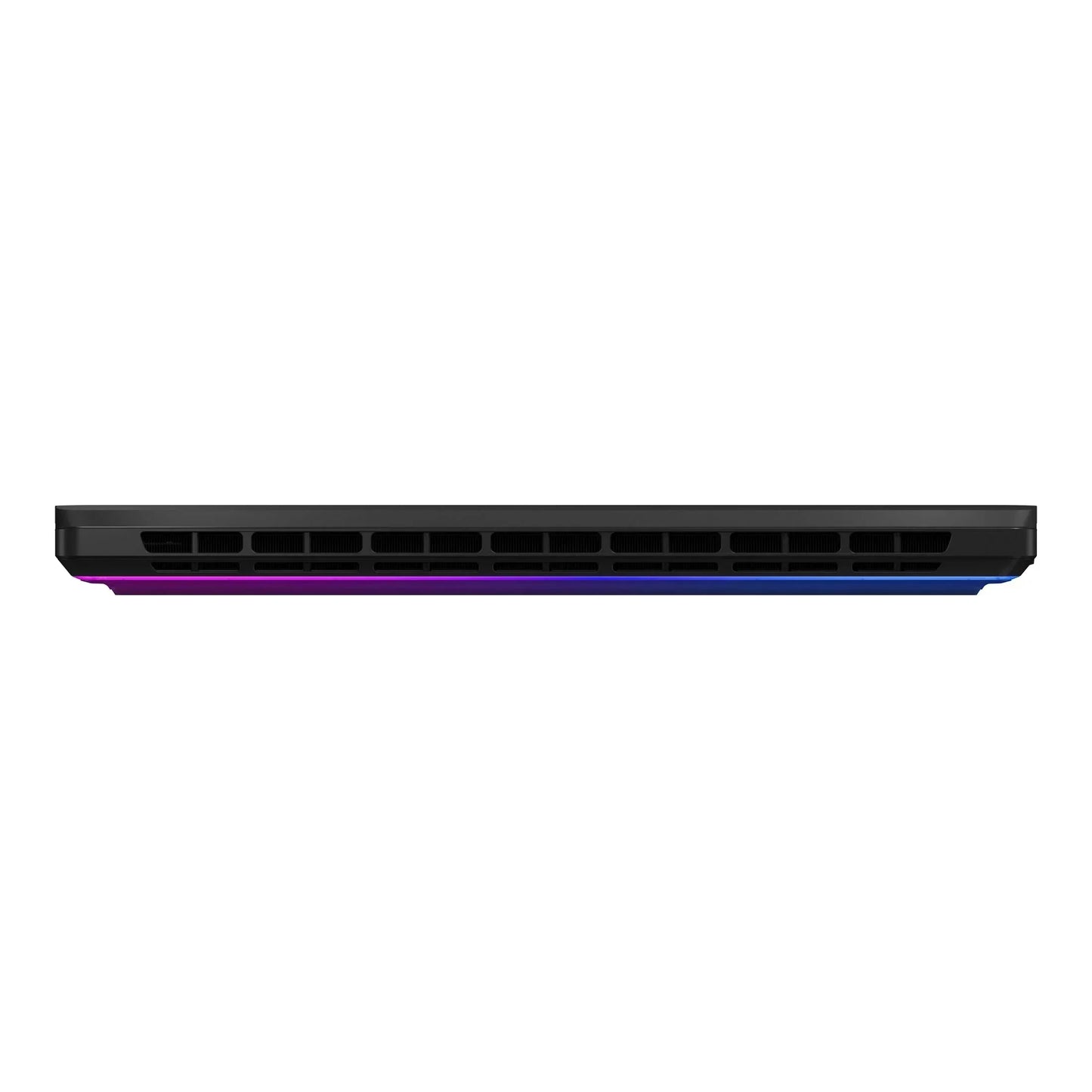 Slim black gaming laptop side view with RGB lighting and ventilation grill