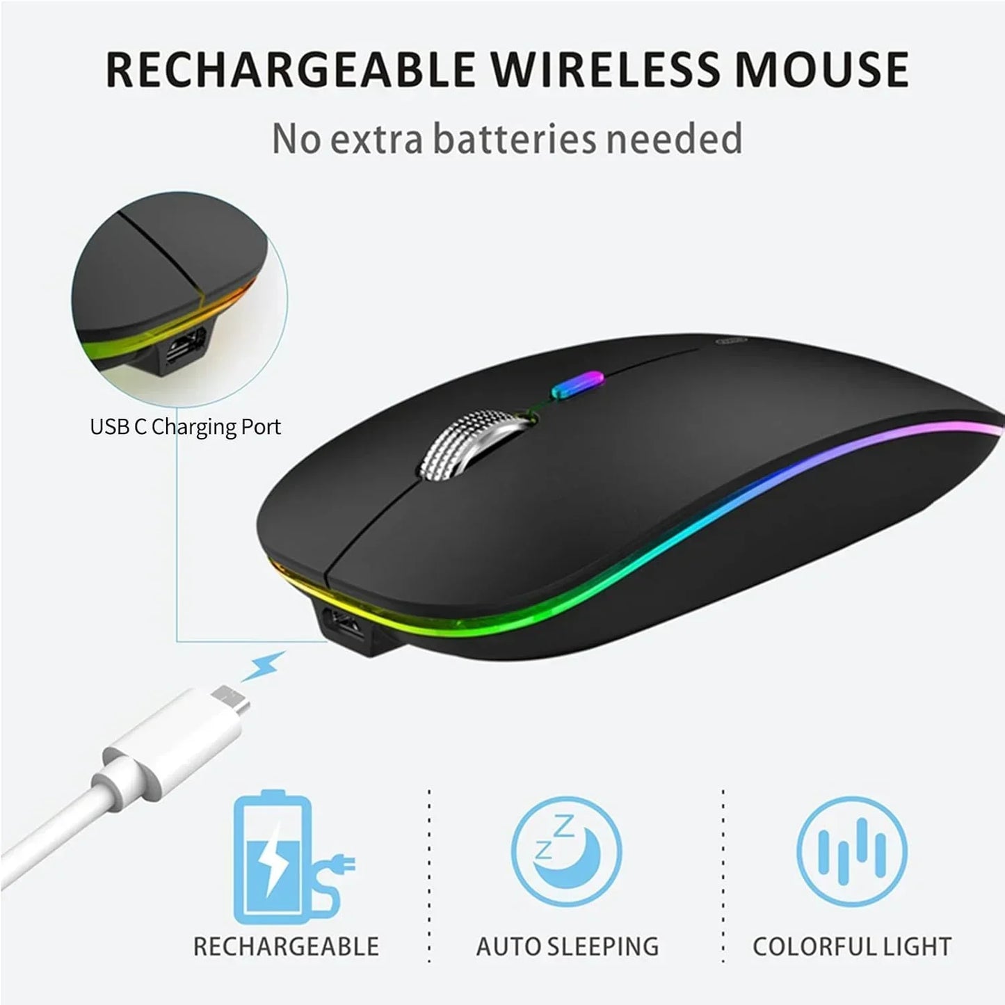 Rechargeable wireless mouse with USB-C charging port, RGB lighting, and ergonomic design.