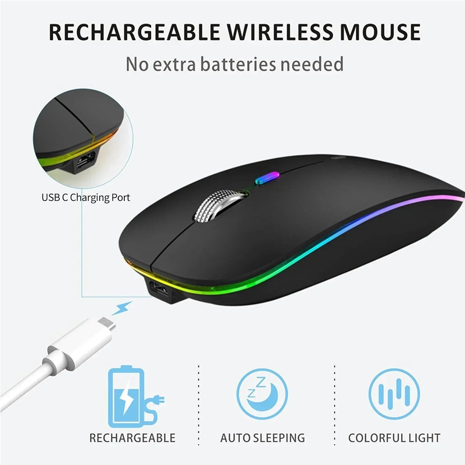 Rechargeable wireless mouse with USB-C charging port, RGB lighting, and ergonomic design.