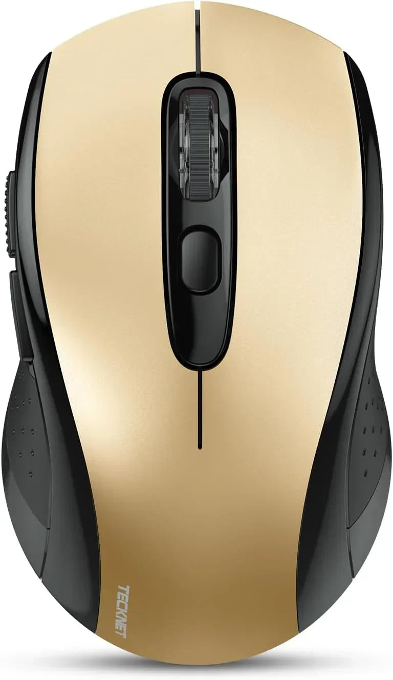 Gold and black wireless computer mouse with ergonomic grip and scroll wheel