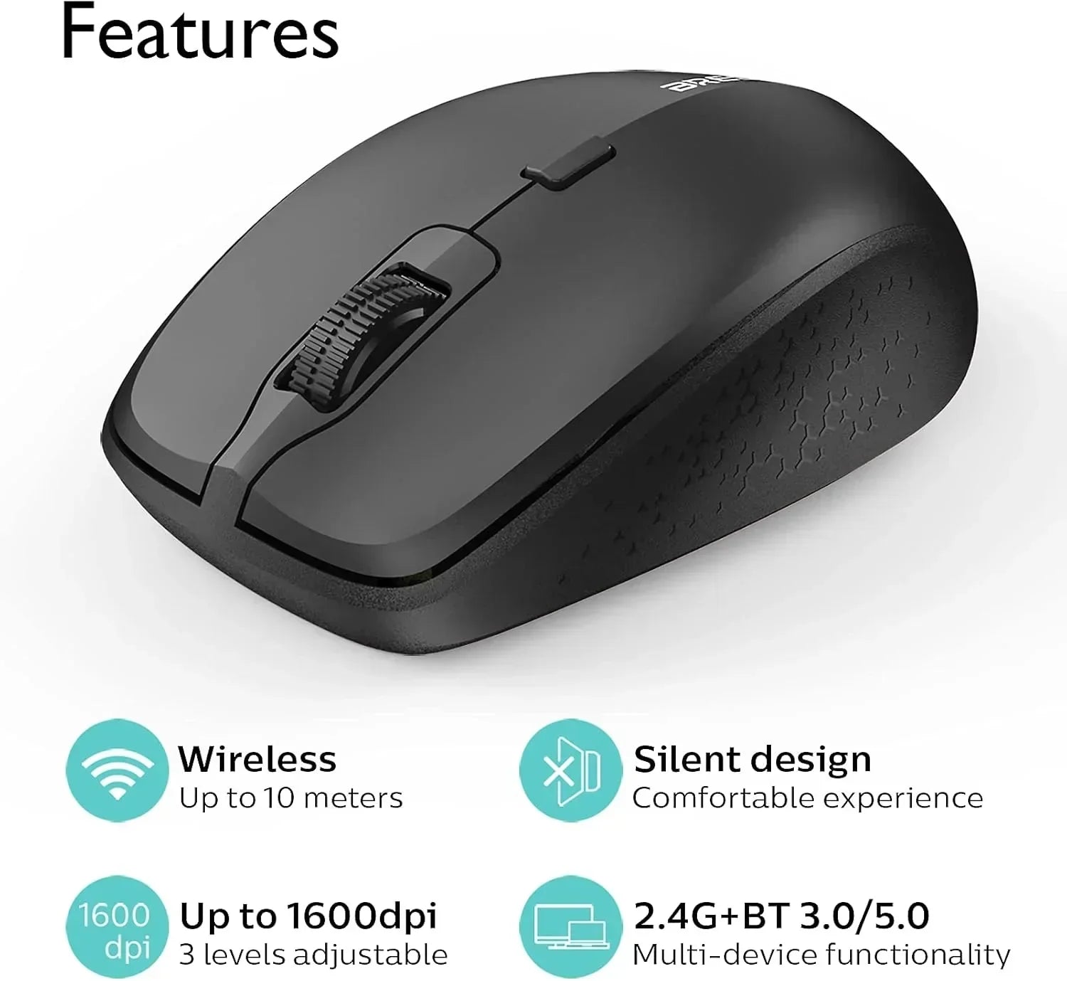 Wireless black computer mouse with ergonomic design, silent clicks, adjustable DPI, multi-device support