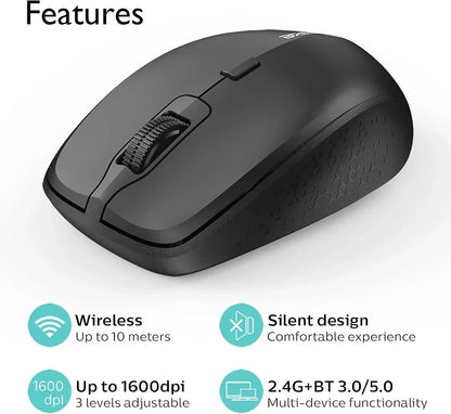 Wireless black computer mouse with ergonomic design, silent clicks, adjustable DPI, multi-device support