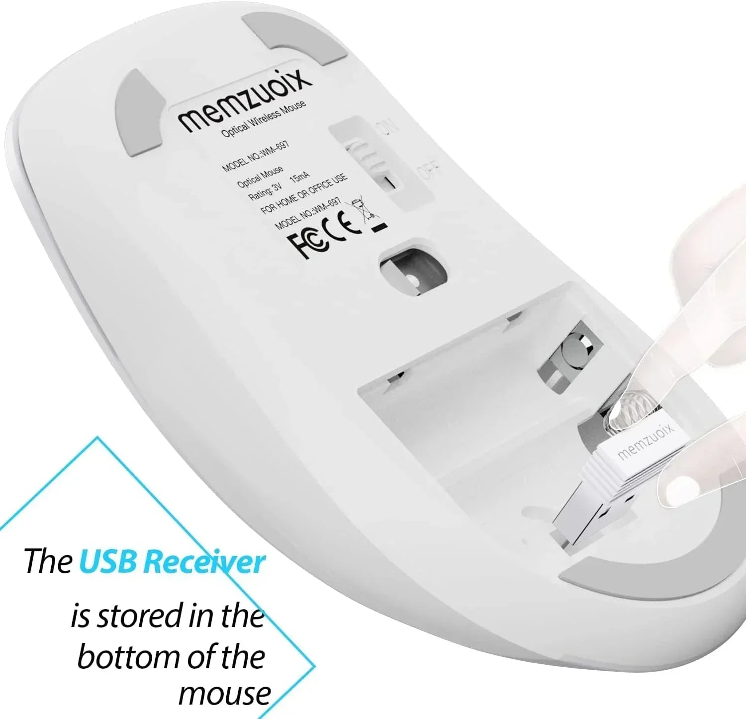 Bottom of a white wireless optical mouse showing removable USB receiver compartment